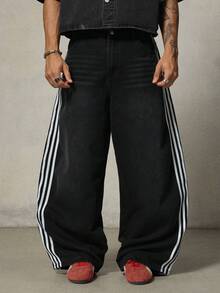 FRESIVO Men's Elastic Waist Side Stripe Loose Fit Fashionable Jeans - Black - View 1