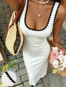 Cévolie Shell Embroidery Contrast Trim Square Neck Sleeveless Fitted Dress, Sexy Vibe - White - View 1