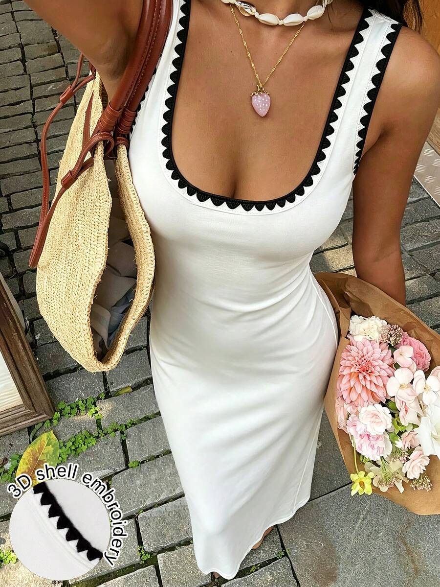 Cévolie Shell Embroidery Contrast Trim Square Neck Sleeveless Fitted Dress, Sexy Vibe - White - View 1