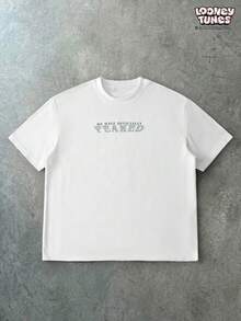 LOONEY TUNES X SHEIN PAVTROS 男士休闲度假通勤趣味卡通字母印花落肩宽松白色T恤 - 白色 - 查看 2