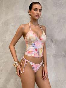 Swim Glamine 夏季甜美花卉奶油黃格紋比基尼背心套裝，休閒春夏度假海灘派對 2 件組 - 彩色 - 查看 9