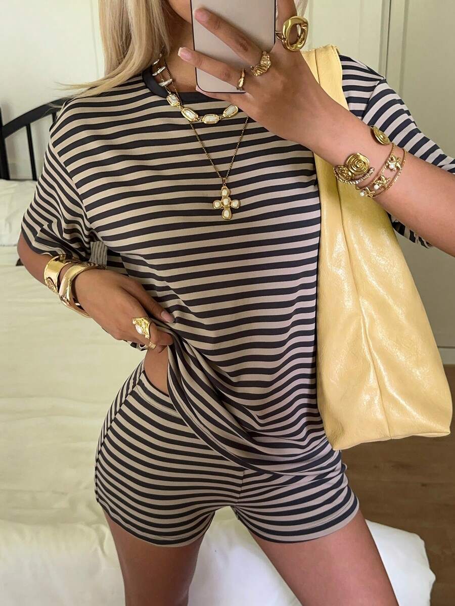 SHEIN EZwear 条纹针织女式休闲套装 - 彩色 - 查看 1