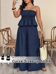 SHEIN CURVE+ Plus Size Women's Spring/Summer Vacation Style Crinkle Fabric Shirred Bandeau Top And Draped Wide Leg Pants 2-Piece Set - Navy Blue - View 1