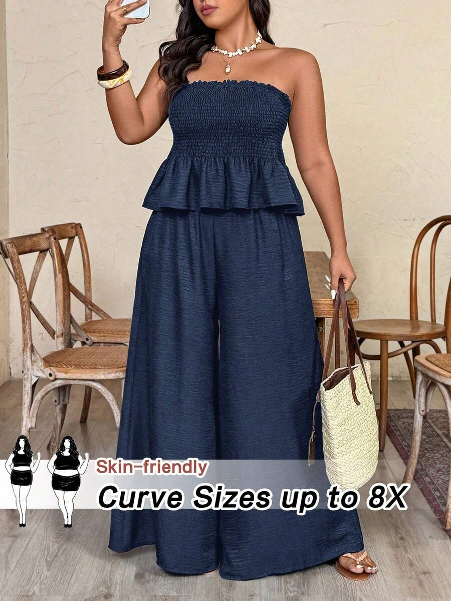 SHEIN CURVE+ Plus Size Women's Spring/Summer Vacation Style Crinkle Fabric Shirred Bandeau Top And Draped Wide Leg Pants 2-Piece Set - Navy Blue - View 1