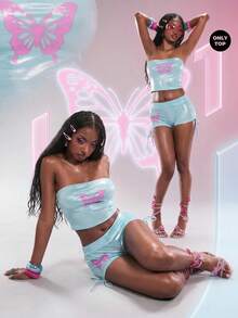 Modviera Fashionable Women's Blue Butterfly Print Tube Top - Blue - View 1