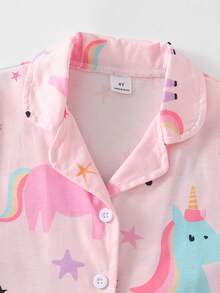 女童彩色獨角獸圖案鈕扣領短袖短褲兩件組舒適家居服套裝 - 淺粉色 - 查看 8