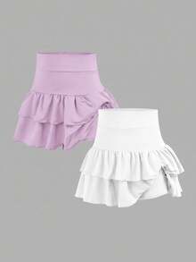 2 paquetes de minifalda de punto de unicolor con volantes en capas y pantalones cortos integrados para niñas preadolescentes, Y2K, niñas con personalidad de moda, regreso a la escuela - Multicolor - Ver 2