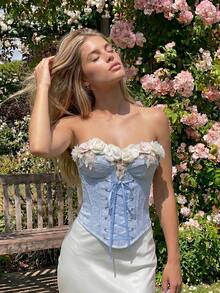 Glamine Charm Women's 3D Flower Decor Lace-Up Design Bandeau Top - Blue - View 3