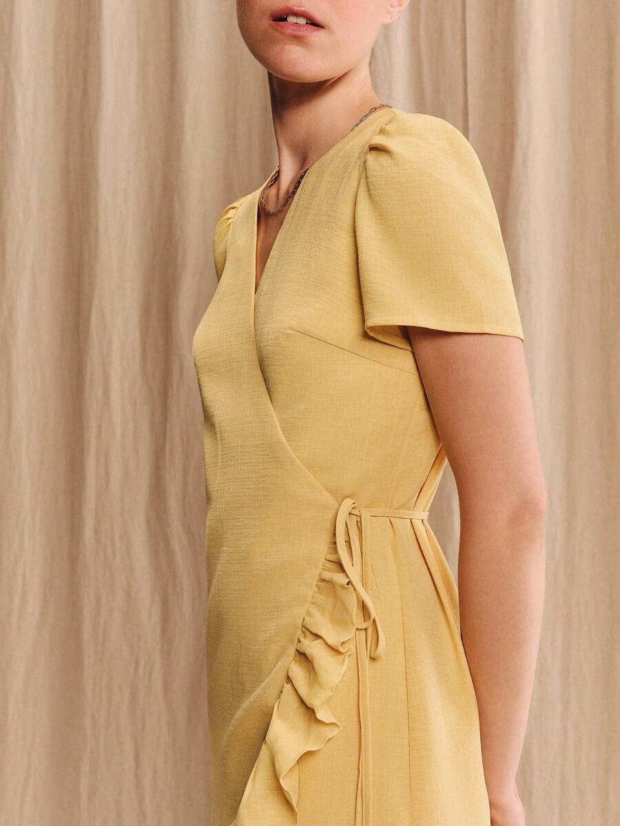 lacRébo Vintage French Elegant Mustard Yellow Linen Wrap Mini Dress With A Ruffled Skirt, V-Neckline, And Straight Short Sleeves Summer Vacation Tea Brunch - Yellow - View 1