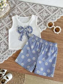 SHEIN BABY GIRL Summer Blue Set Textured Sleeveless Top Blue Plaid Shorts Decorated With Blue Bows Daily Outing Essential - Blue - View 8