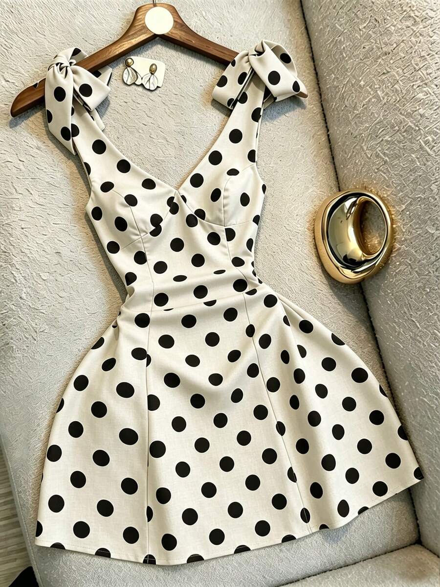 Franclia French Black And White Polka Dot V-Neck Bow Strap Waist-Defining Slimming A-Line Short Dress - Apricot - View 1