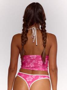 Musera Resort Top de bikini de corte largo con cuello de halter, estampado de flores tropicales y borde de color contrastante. Solo top coord para vacaciones de verano, vacaciones de primavera, playa, fiesta en Ibiza, marea y líneas de bronceado - Multicolor - Ver 4