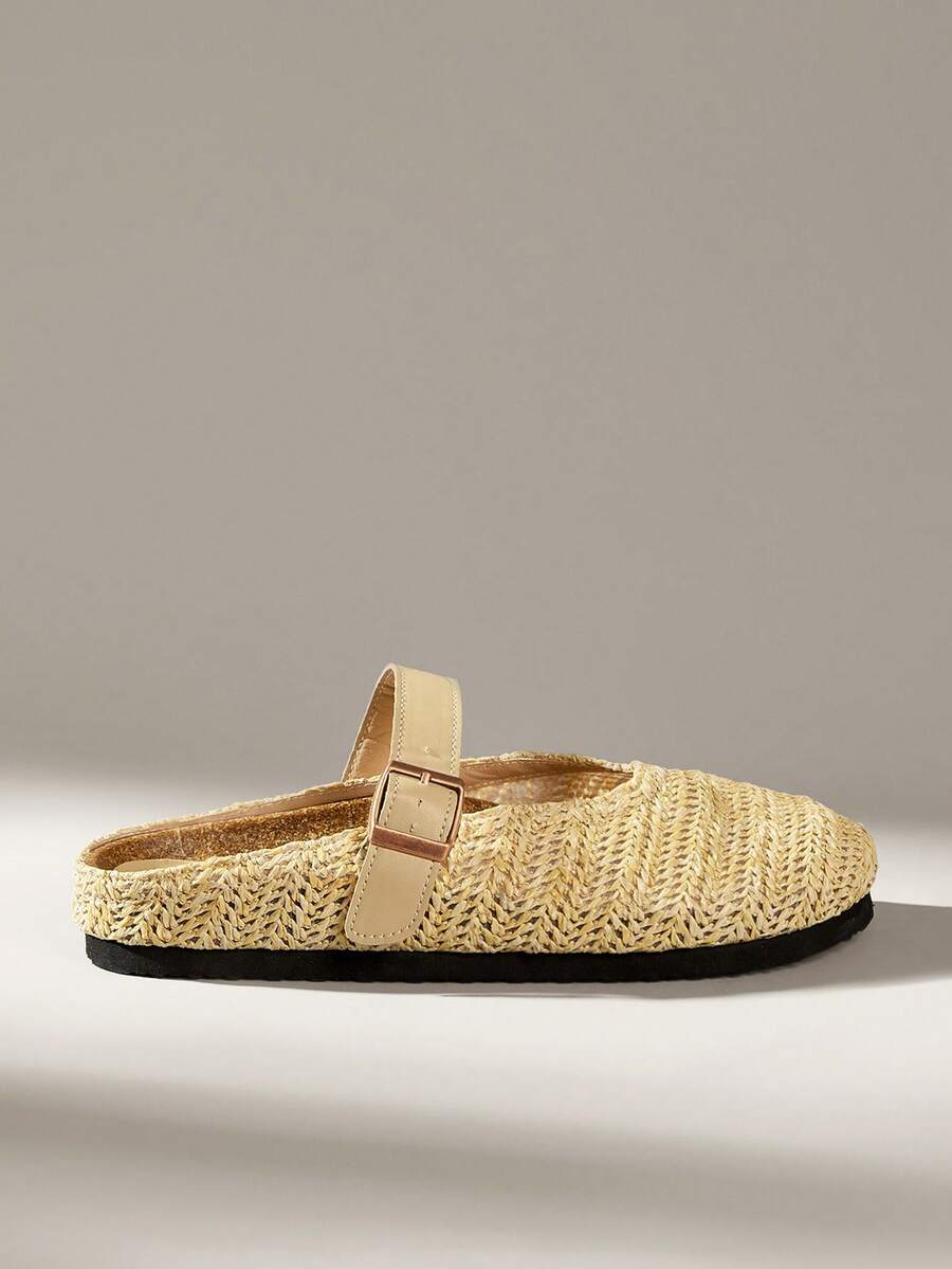 Solecia Women's Slip-On Thick Soled Mule Loafers, Casual Spring/Autumn Shoes For Christmas - Woven grass yellow - View 1