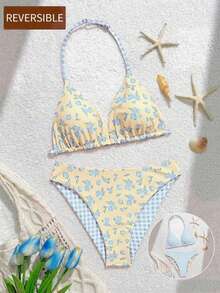 SHEIN Tween Girls Yellow Background With Pink Ditsy Floral Reversible Double-Fabric Swimwear Set For Girls, Suitable For Beach Vacation, Holiday, Swimming, Pool Party - Yellow - View 3