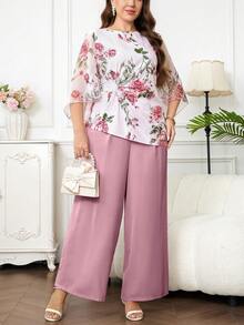 Reflora Conjunto de 2 piezas de top y pantalones con estampado floral elegante talla grande - Multicolor - Ver 5