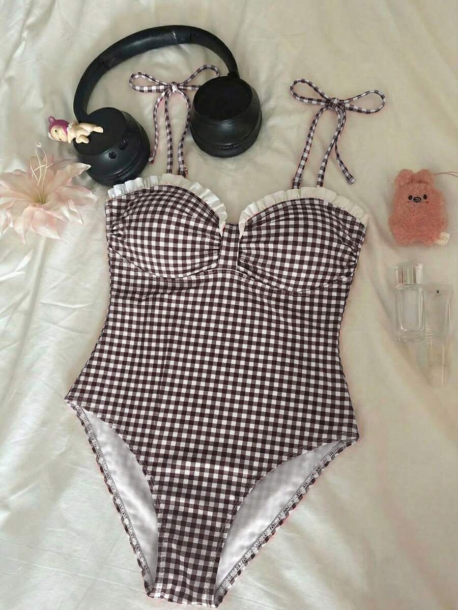SHEIN MOD 女款格紋連身泳衣,適合海灘度假、泳池派對、海灘派對 - 咖啡棕 - 查看 1