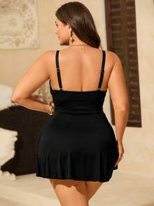 SHEIN Swim Curve 大尺碼女款時尚兩件式斑馬紋抽繩性感度假泳衣裙 - 黑色 - 查看 2