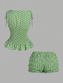 SHEIN MOD 女款度假休閒波點印花背心上衣與短褲兩件組 - 綠色 - 查看 2