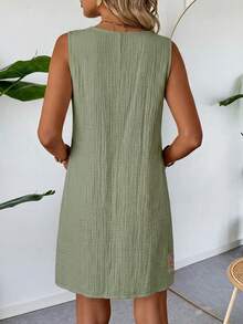 SHEIN LUNE 夏季休閒海灘度假棉麻紋理杏色無袖背心式女裝洋裝 - 綠色 - 查看 2