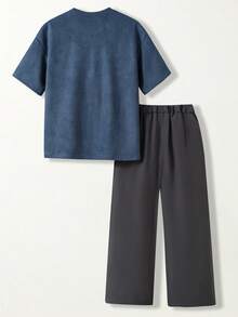 SHEIN Casuvi Kids 青少年男孩字母印花短袖T恤與長褲休閒兩件套 - 彩色 - 查看 2