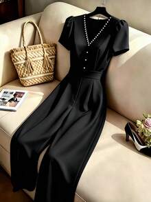 SHEIN LUNE CURVE Women's Plus Size V-Neck Pearl Decor Short Sleeve Cinched Waist Black Wide Leg Jumpsuit, Satin Fabric, Sexy Elegant, Casual Evening Office Summer - Black - View 3