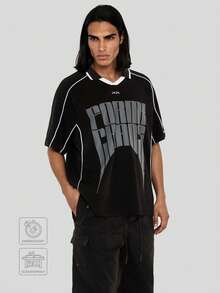 FORM&CHAOS Men's Loose Fit Contrast Color V-Neck T-Shirt, Street Style Graphic Street Wear, Summer - Black - View 1