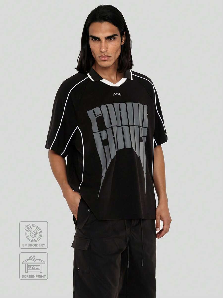 FORM&CHAOS Men's Loose Fit Contrast Color V-Neck T-Shirt, Street Style Graphic Street Wear, Summer - Black - View 1