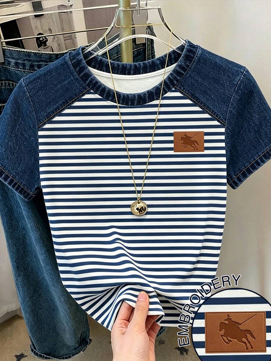 Resyla Kaos Wanita Lengan Pendek Bergaris Blok Warna Kasual Kerah Bulat - Putih - View 1