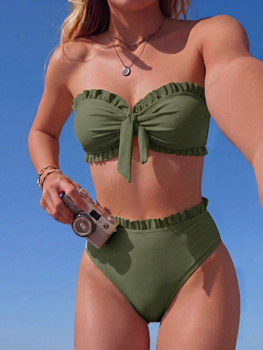 Swim Basics 女款夏季海灘純色荷葉邊飾抹胸比基尼套裝,前打結設計,兩件式泳衣黑色泳裝 - 綠色 - 查看 1