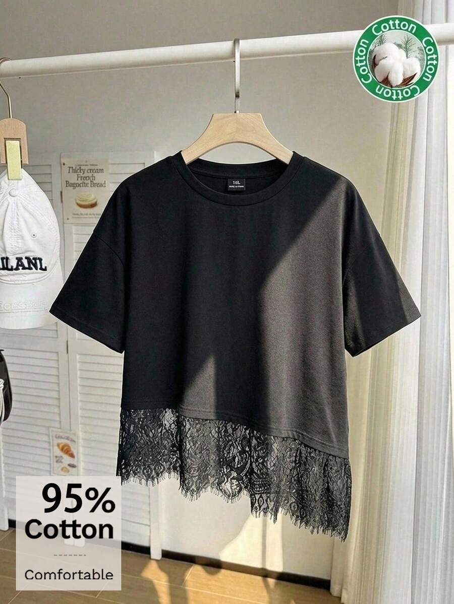 Comfortcana 大尺碼夏季休閒素色蕾絲拼接T恤 - 黑色 - 查看 1