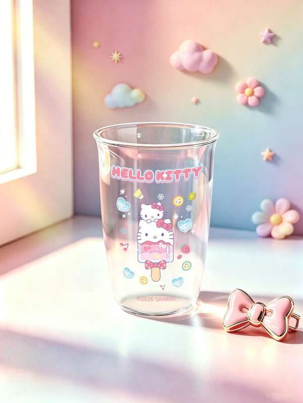 HELLO KITTY AND FRIENDS | SHEIN 1 قطعة كوب زجاجي شفاف هالو كيتي، كوب بوروسيليكات عالي الجودة بطبعة آيس كريم لطيفة، كوب شرب مقاوم للحرارة بتصميم كاواي، مثالي للقهوة والماء والعصير والمنزل والمكتب والهدايا للفتيات