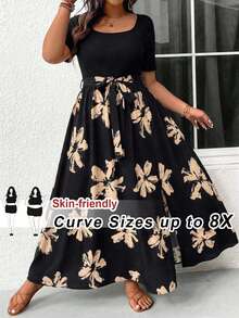 SHEIN CURVE+ Curve 大碼 US22 音樂祭海邊度假波希米亞風夏季休閒花卉印花拼接短袖長洋裝 黑色 - 黑色 - 查看 8