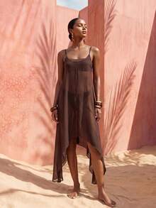 Zivah Women's Brown Long Strap Beach Cover-Up Dress, Featuring Bottom Collar And Asymmetrical Hem, Suitable For Various Occasions Including Music Festivals, St. Patrick's Day, Valentine's Day, Dates, Western Theme, And Nomad Style - Brown - View 6