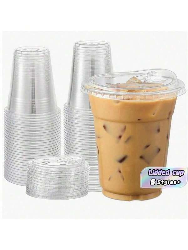 50/40/30/20/10 Vasos de plástico transparentes con tapas, vasos desechables para café helado, batidos, jugos y té de burbujas, adecuados para fiestas y postres, perfectos para Navidad, Día de San Valentín, Halloween, Acción de Gracias, un elemento esencial para fiestas