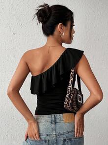 Firerie One Shoulder Ruffle Trim Top - Black - View 2