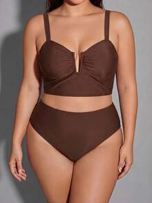 Shapewave Plus Size Solid Color Minimalist Daily Swimwear Set Gym Summer - Coffee Brown - View 3