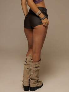 MUSERA Eylet Belted Low Rise Fitted Mini Shorts Spring Summer Festival Vacation Ibiza Holiday Rave Sexy Y2k Utility Siren - Coffee Brown - View 5