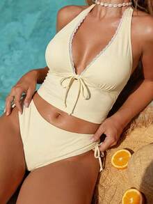Swim Mod Plus Size Women's Tank Style Solid Color Textured Fabric Sports Casual Swimsuit - Yellow - View 4