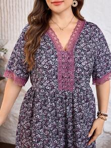 Lacomfia Summer Multicolor Print Patchwork Dark Purple Lace Trim Casual Elegant Plus Size Women's Dress Party - Multicolor - View 3