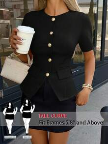 SHEIN Tall CURVE 大尺碼女款優雅短袖輕便外套，金色鈕扣，適合工作或休閒場合。短袖西裝外套，亞麻材質，休閒襯衫，圓領短袖襯衫，前開鈕扣襯衫，收腰設計，女款正式襯衫，夏季風格 - 黑色 - 查看 8
