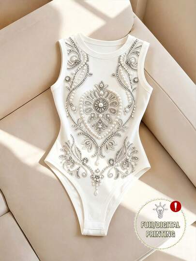 Resyla Women's Faux Pearl 3D Print Crew Neck Camisole Bodysuit