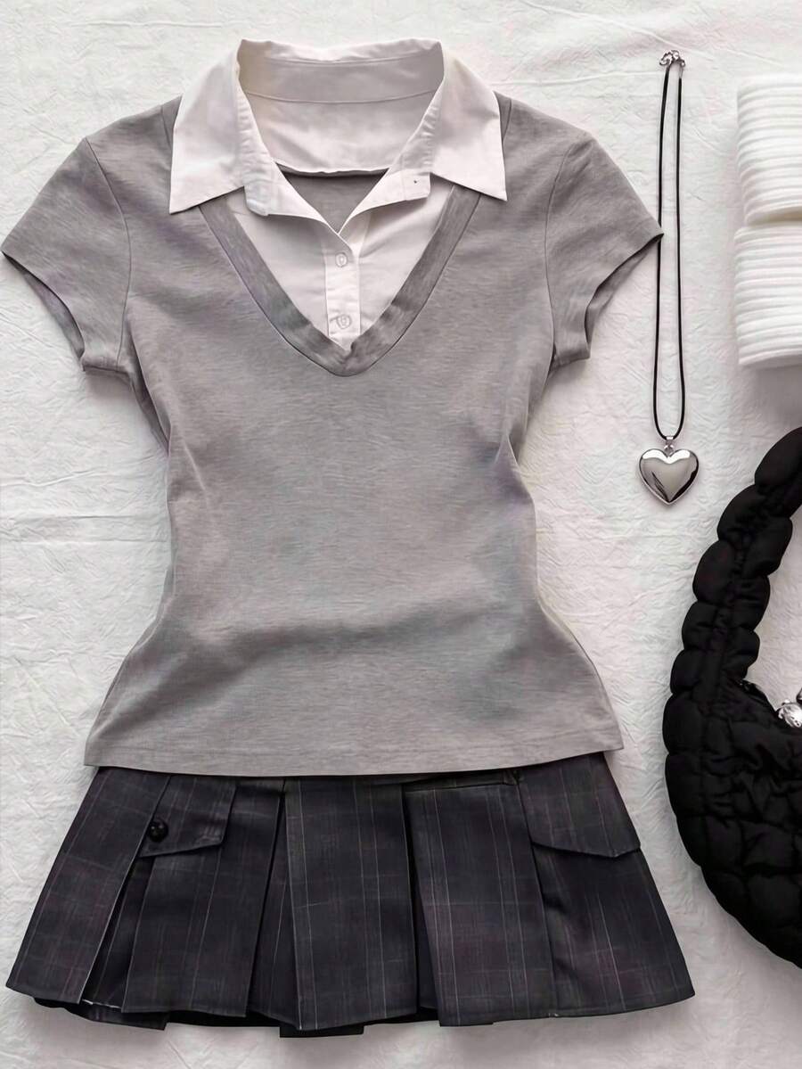 Teen Girl Teen Girls Knit Grey And White Colorblock Polo Collar Casual T-Shirt - Grey - View 1