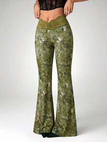 SHEIN ICON 夏季 Y2k 女款外出西式波希米亞風綠色度假腰果花紋喇叭褲 - 軍綠色 - 查看 3