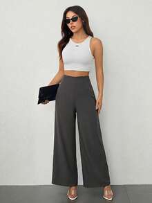 SHEIN PETITE 女款簡約休閒時尚開學季老錢風通勤高腰紋理寬腿長褲，適合嬌小女性 - 灰色 - 查看 3