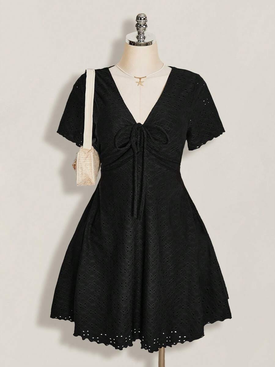 SHEIN ICON Plus Size Women's Solid Color Front Tie Short Sleeve Jacquard Knit Dress Date Night Black Summer Cute Vacation Wedding Guest Fairy Kawaii Whimsical - Black - View 1
