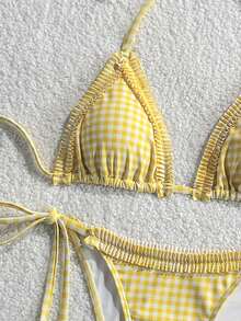 Swim Mod 女款2件式夏季海灘泳衣套裝，咖啡色格紋印花荷葉邊波浪邊掛脖綁帶上衣搭配側抽繩比基尼泳褲 - 黃色 - 查看 5