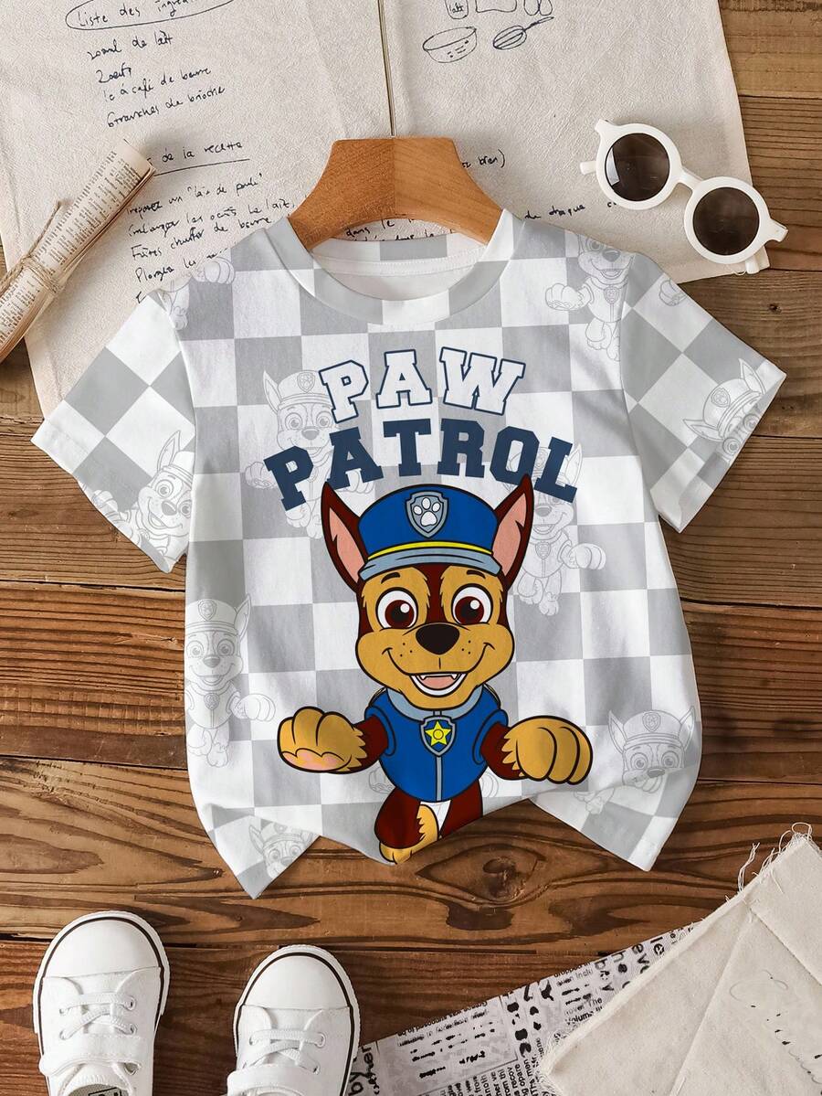 SHEIN | PAW Patrol 小男孩字母卡通印花短袖T恤 - 白色 - 查看 1
