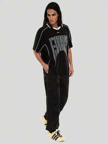 FORM&CHAOS Men's Loose Fit Contrast Color V-Neck T-Shirt, Street Style Graphic Street Wear, Summer - Black - View 3