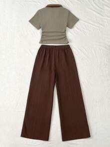 Tween Girl Contrast Collar T-Shirt And Long Pants Set - Multicolor - View 2