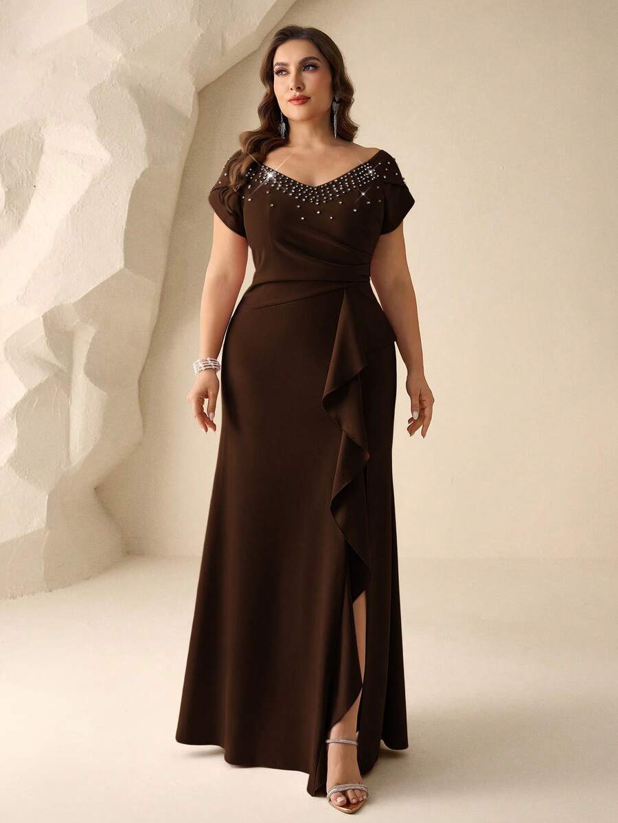 Coutiva Plus Size Women's Rhinestone Decorated Patchwork Ruffle Elegant Bridal Mother Dress - Brown - View 1